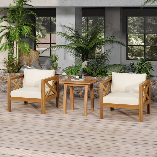 English Elm Christopher Knight Home® - Patio Conversation Set - Stylish Outdoor Acacia Wood Chairs With Cushions & Teak Finish End Table N770P264304B_57501.00ACA