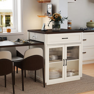 English Elm 83.1'' Extendable Kitchen Island Prep Station with Walnut Woodgrain and Built-in Power Hub W2557S00002