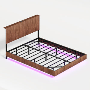 English Elm Walnut Queen Floating Bed Frame with LED Lights, Wavy Headboard, Built-In Charging Station, 1000LB Capacity W1820P329697