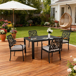 English Elm 5PC Outdoor Patio Aluminum Furniture Set with Sunbrella Cushions, Branch-Back Chairs & Umbrella Hole W1886S00026