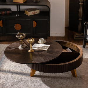 English Elm 39.37" Round Retro Coffee Table with Storage Mdf Top Solid Wood Legs Living Room W757P379484