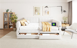 English Elm Queen Lambswool Platform Bed with Usb Charging Armrests and Under Storage Drawers White N7500000601K