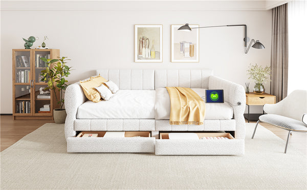 English Elm Queen Lambswool Platform Bed with Usb Charging Armrests and Under Storage Drawers White N7500000601K