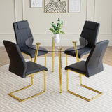 English Elm A Modern Minimalist Style Round Transparent Tempered Glass Table With Gold Metal Legs, Paired With 4 Modern Pu Leather High-Back Dining Chairs, Bring A Luxurious Experience.