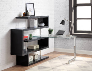 English Elm Buck Modern Buck Glass Writing Desk with Chrome High-Gloss Frame, 360° Swivel, Shelves & Wheels Black 51 L x 28 W x 4.5 H B2726S00026