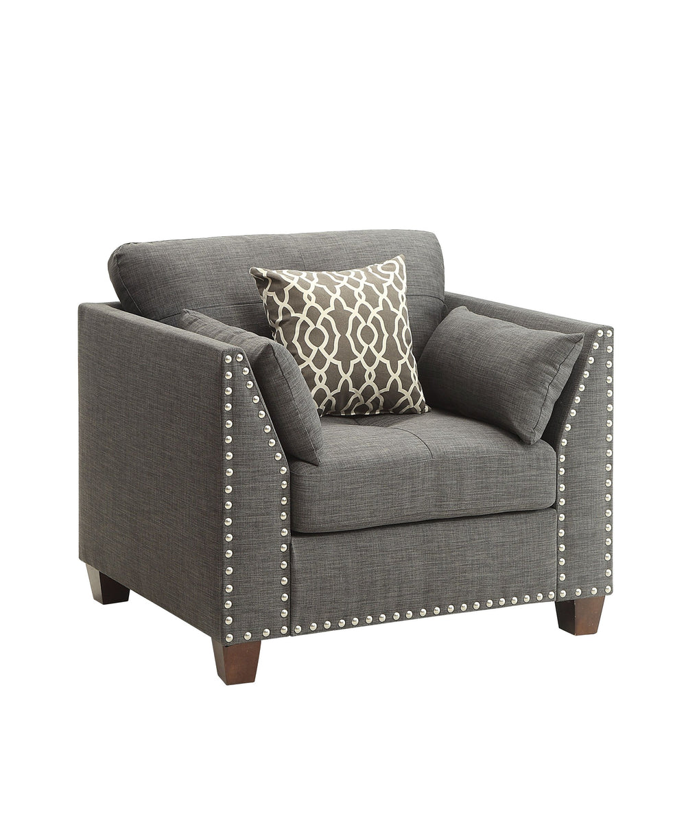 English Elm Laurissa Light Charcoal Linen Club Chair with 3 Pillows, Buttonless Tufted Back, Nailhead Trim B2726P277877
