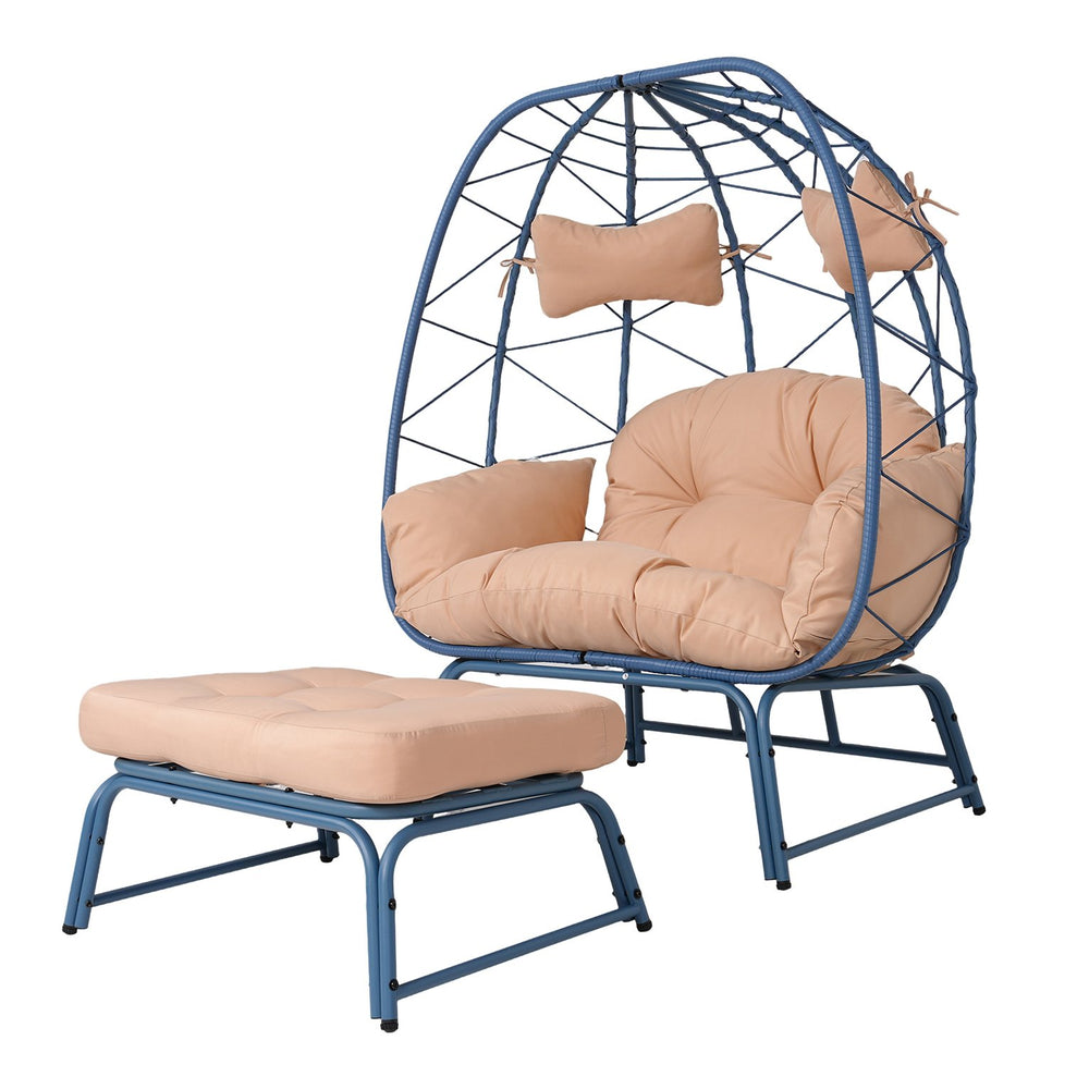 English Elm Double Wicker Egg Chair with Ottoman Bohemian Two Person Outdoor Lounge Seat T5880P501479