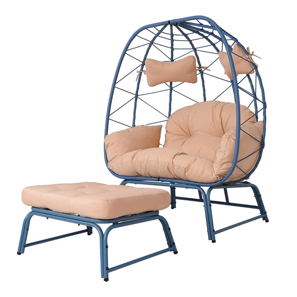 English Elm Double Wicker Egg Chair with Ottoman Bohemian Two Person Outdoor Lounge Seat T5880P501479