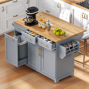 English Elm K&K Vintage Kitchen Island with Rubberwood Top, Hidden Wheels, Pull-Out Trash & Charging Station Grey+Blue N707P299014G