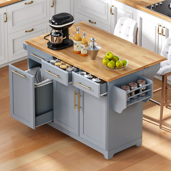 English Elm K&K Vintage Kitchen Island with Rubberwood Top, Hidden Wheels, Pull-Out Trash & Charging Station Grey+Blue N707P299014G