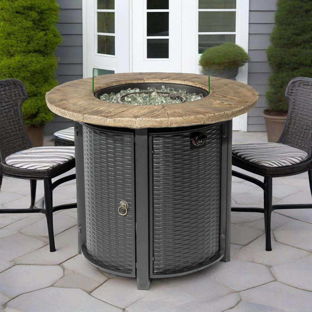 English Elm 30" 50000BTU Propane Fire Pit Table with Faux Wood Grain Top, Stainless Burner, Glass Rocks, Black W853P194144