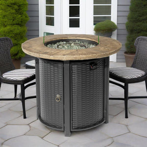 English Elm 30" 50000BTU Propane Fire Pit Table with Faux Wood Grain Top, Stainless Burner, Glass Rocks, Black W853P194144
