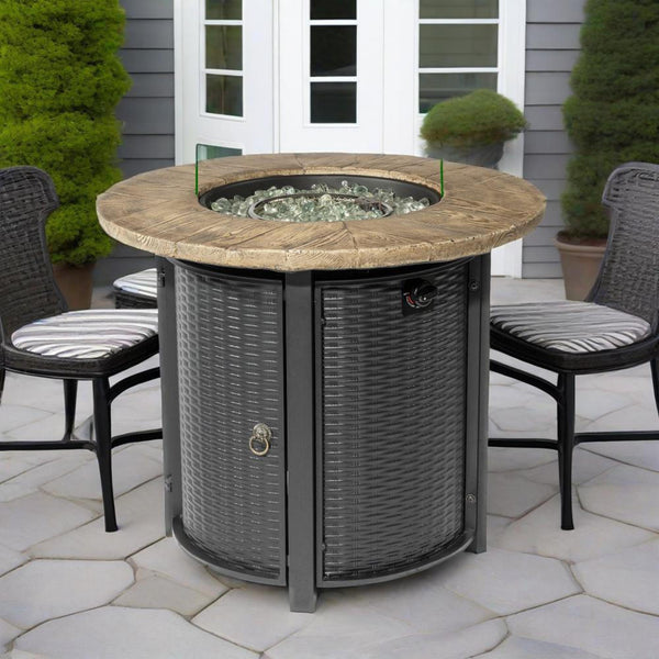 English Elm 30" 50000BTU Propane Fire Pit Table with Faux Wood Grain Top, Stainless Burner, Glass Rocks, Black W853P194144