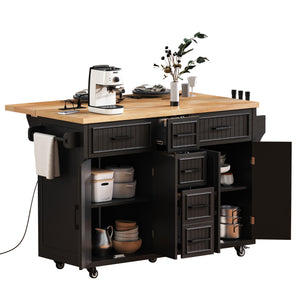 English Elm K&K 56.5" Kitchen Island with Drop Leaf, Embossed Vertical Stripe Barn Doors, Wheels & Charging Hub Black N707P263094B