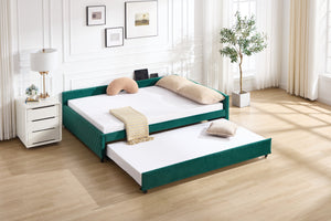 English Elm Upholstered Velvet Daybed with Pull Out Trundle Diamond Tufted Guest Bedroom Sofa Emerald W1361S00065