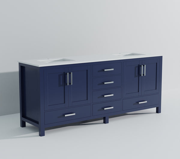 English Elm Navy Double Bath Vanity 84" W x 22" D with White Quartz Top – Solid Wood, Soft-Close, 14 Drawers B2731P258990