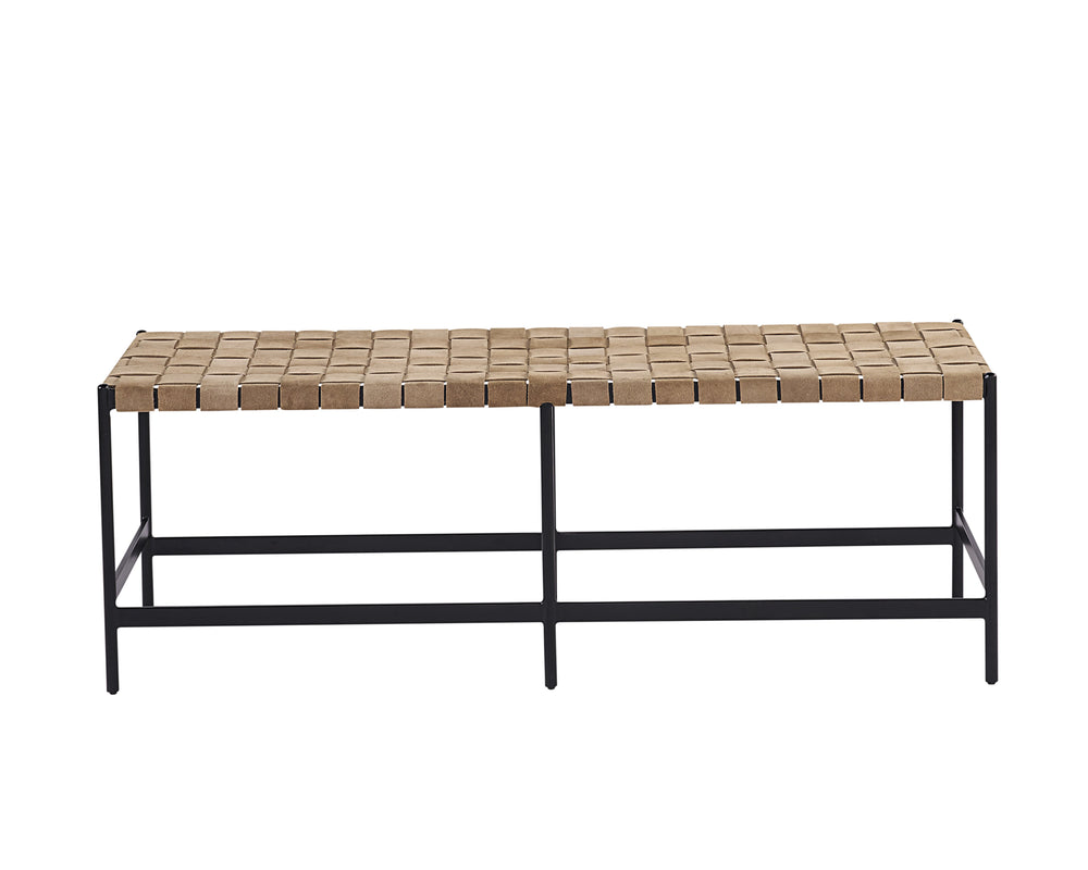 Sunpan Omari Bench - Elegant Handwoven Light Tan Leather Seat with Black Iron Base for Unique Style