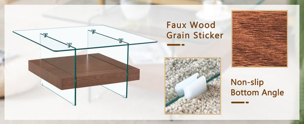 English Elm 31.4 Modern Two-Tier Square Coffee Table with Tempered Glass Top & Walnut Shelf — Stylish Storage W1512P407505