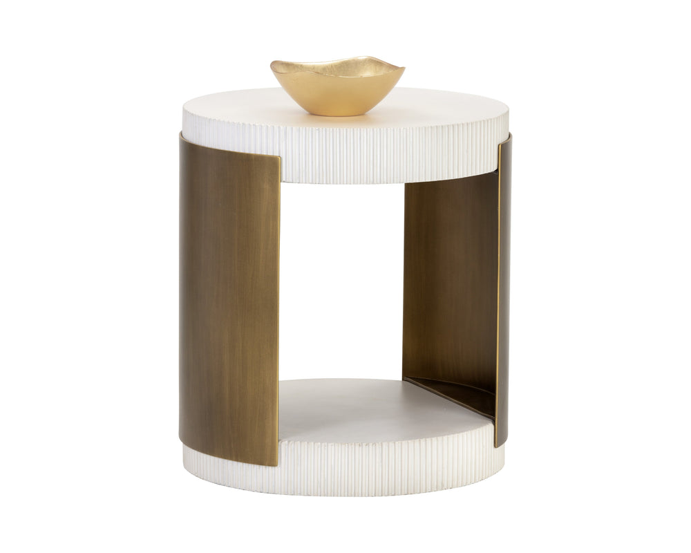 Sunpan Cavette End Table - Elegant White Concrete & Antique Brass Frame, Perfect for Chic Indoor Spaces