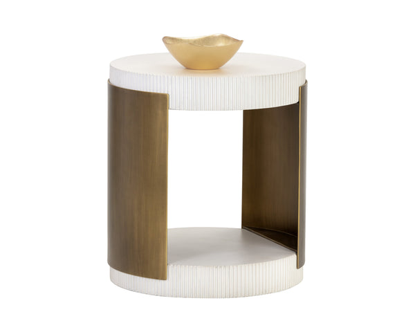 Sunpan Cavette End Table - Elegant White Concrete & Antique Brass Frame, Perfect for Chic Indoor Spaces