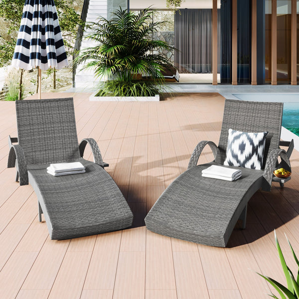 English Elm K&K 80" Outdoor Wicker Chaise Lounge Set of 2 with 2000H UV Wicker, Pull-Out Side Table, 4-Position Recliner Grey WF321204AAE