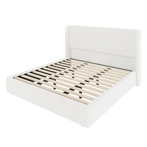 English Elm Queen Boucle Upholstered Wingback Bed Solid Wood Slats Cozy Bedroom Anchor W1670S00029