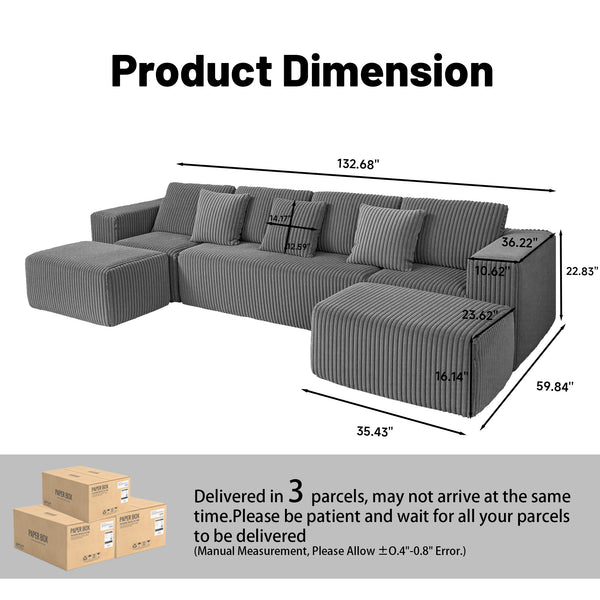 English Elm Modular U-Shaped Sectional Sofa, 132-Inch 4-Seater With Reversible Chaise In Gray Striped Corduroy Fabric For Ultimate Comfort And Style In Your Living Room Or Bedroom W3276S00017