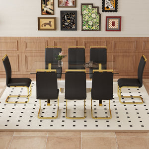 English Elm Table Elegant Transparent Glass Dining Set - 71"X35.4" With 8 Stylish Black Pu Chairs & Gold Legs W1151S02362-GIGA