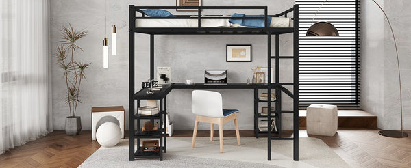 English Elm Full Metal Loft Bed With Desk & Shelves - Space-Saving Design, Safety Guardrails, Modern Black Frame W1580S00049