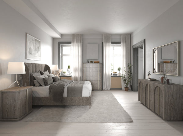 A.R.T. Furniture Vault Elegant Bed With Fancy Face Veneer Headboard And Plinth Base In Stylish Mink Finish Gray Parawood Solids,Foam,Fabric 285126-2354