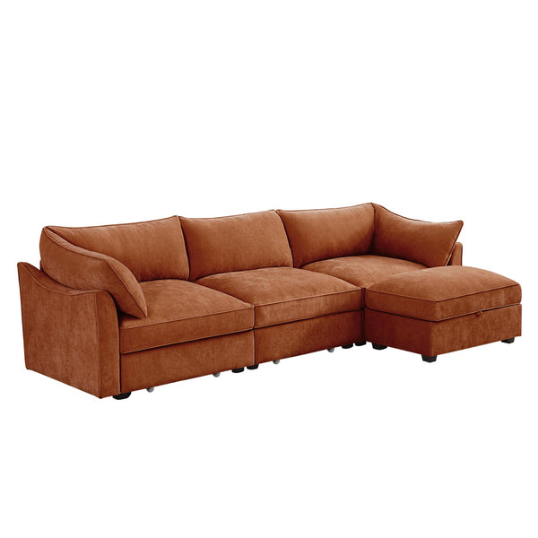 English Elm L-Shaped 3-Seater Sectional Sofa With Movable Ottoman, Chenille Orange, Smart Storage & Comfort W3041S00206