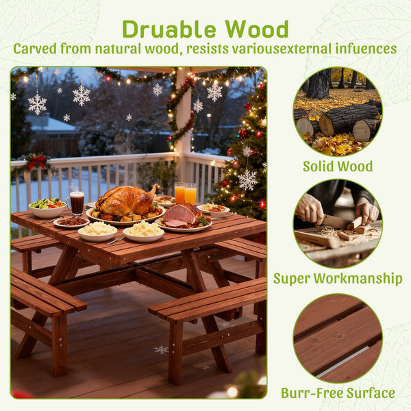 English Elm 8-person Square Wood Picnic Table with Umbrella Hole Reinforced Outdoor Dining Set W1422P392906