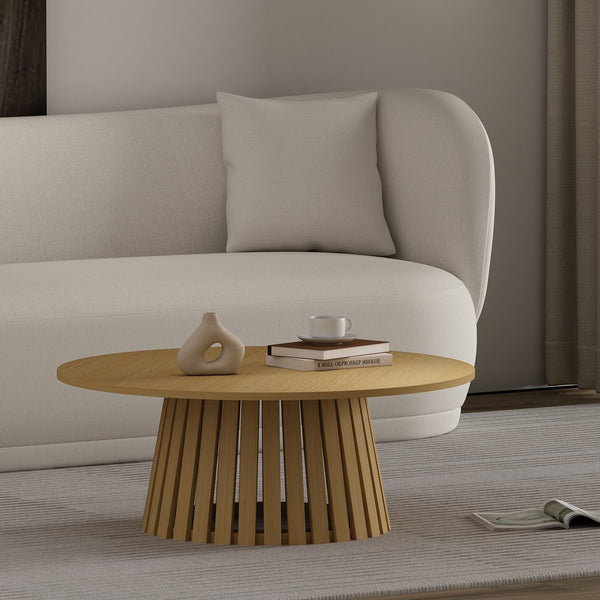 English Elm Layla Round Coffee Table with Slatted Conical Base, Wood Grain Finish, 35.4" Top for Stylish Living Room Decor Light Oak B365P398084