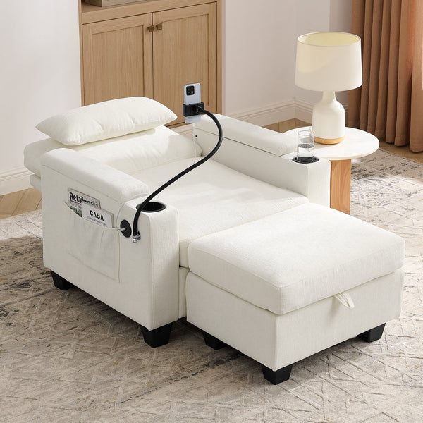 English Elm Single Chenille Manual Recliner with Usb Port Hidden Storage Ottoman and Cup Holders Beige W487P423650