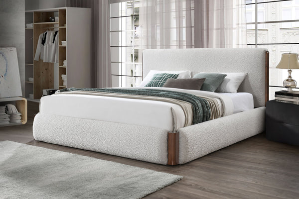 English Elm Sandro Upholstered Bouclé Bed Frame with Solid Wood Base, Foam-Padded Slats for Supportive Comfort Walnut,White 62.99 L x 13.78 W x 7.4 H B2726S00541