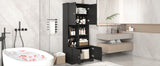 English Elm Tall and Wide Bathroom Floor Storage Cabinet, Bathroom Storage Unit, Freestanding Cabinet With 4 Doors, Adjustable Shelves, Open Multi-Layer Shelves, Black