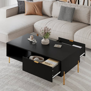 English Elm Mid-century Modern Coffee Table with Dual Drawers Tapered Legs and Open Storage Shelf Black T3609P482850