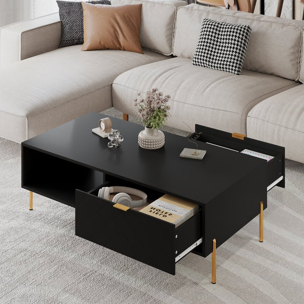 English Elm Mid-century Modern Coffee Table with Dual Drawers Tapered Legs and Open Storage Shelf Black T3609P482850