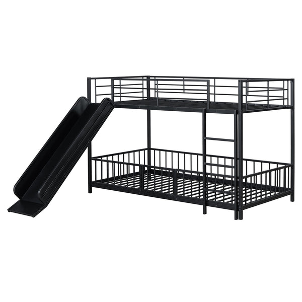 English Elm Twin Twin over Twin metal bunk bed with slide, guardrails and convertible loft design for safety and playfulness Black SF000169AAB