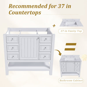 English Elm 36-inch white bathroom vanity without sink — solid wood frame, 1 cabinet, 3 drawers, quiet hardware, shelf W509P347341