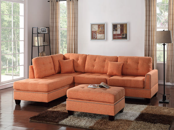 English Elm 3 Piece Reversible Sectional Sofa Set with Ottoman in Citrus Orange — Tufted, Nailhead Trim, Plush Comfort B089S00177