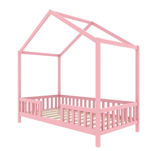 English Elm Montessori House Bed Frame Twin with Canopy & Full Guardrails, Cozy Kids Platform Bed for Toddlers Pink 81.5 L x 16 W x 6.6 H N733P356043H