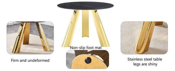 English Elm Table Set: Luxurious 42-Inch Round Sintered Stone Table With 6 Ergonomic White Chairs & Gold Legs W2920S00042-GIGA