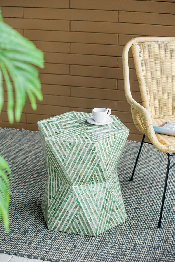 English Elm 19x19x20" Iridescent Capiz Shell Pedestal Stool Sculptural Bohemian Accent Table W2078P487549
