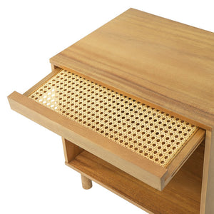 English Elm Wood and Rattan Nightstand with Lift Door Hidden Cabinet for Coastal Bedroom Decor N758P412497N