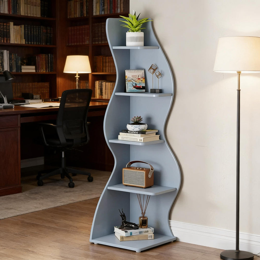 English Elm Stylish Five Tier Corner Bookcase Warm Brown Vintage Display Shelf for Living Room Blue T3971P449611