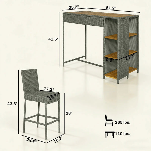 English Elm Garden Dialogue Acacia and Wicker Outdoor Bar Set with Four Tucking Barstools Gray,Natural Wood T3971S00204