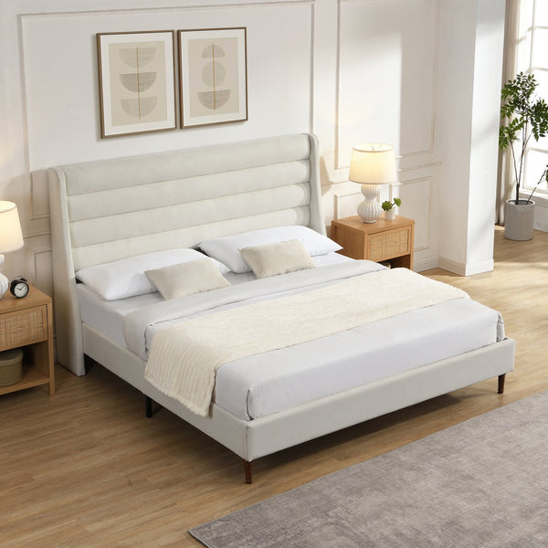 English Elm King Upholstered Platform Bed Frame King Size with High Wave Headboard, Chenille Ivory, Noise-Free EVA, 1000lb Capacity, No Box Spring Needed, Easy Velcro Assembly W1716P362410