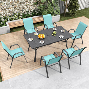 English Elm 7-piece Outdoor Dining Set with Wood-grain Steel Table Umbrella Hole Six Ergonomic Chairs Black,Sky Blue W3979S00045