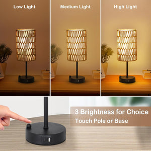 English Elm Touch Boho Table Lamp with Rattan & Linen Shade, 3-Level Dimmable Bedside Lamp w/ USB-C/A Port W2738P400638